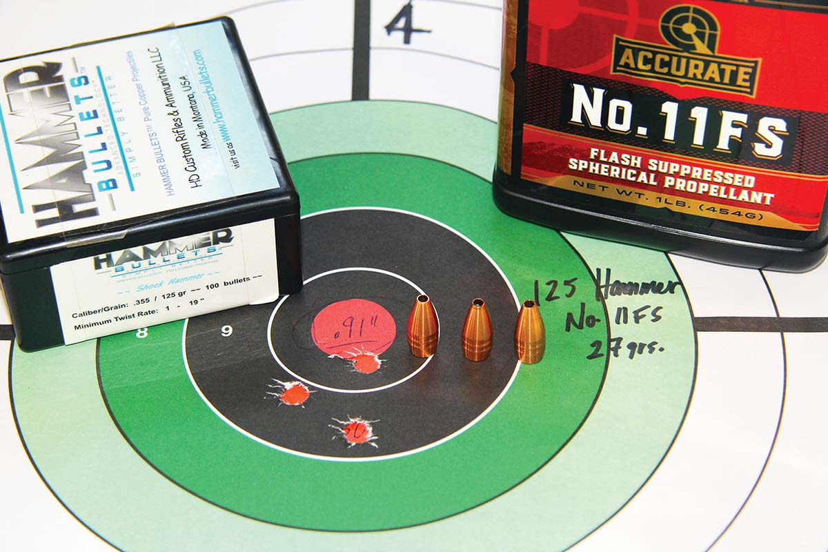 Hammer Bullets’ 125-grain mono-copper Shock Hammer and 27 grains of Accurate No. 11 FS produced one of the tightest groups of the test, printing into less than 1-MOA and clocking a zippy 2,667 fps.